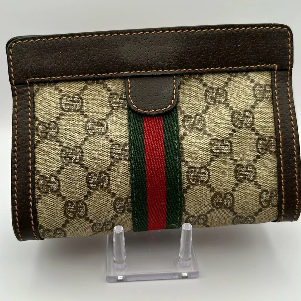 Gucci Beige Monogram Cosmetic Case with Green and Red Stripe